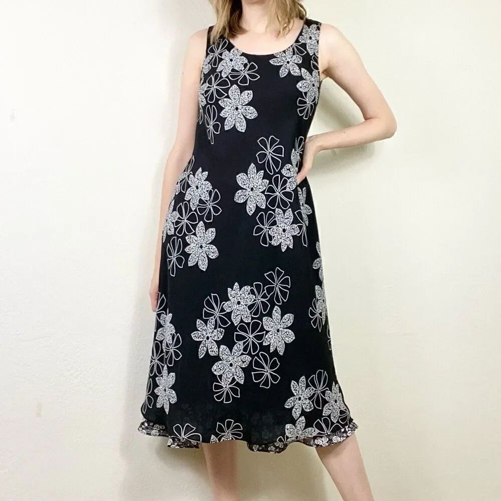 Vintage 90’s Studio I Black & White Floral Sleeveless Layered Midi Dress Size 8